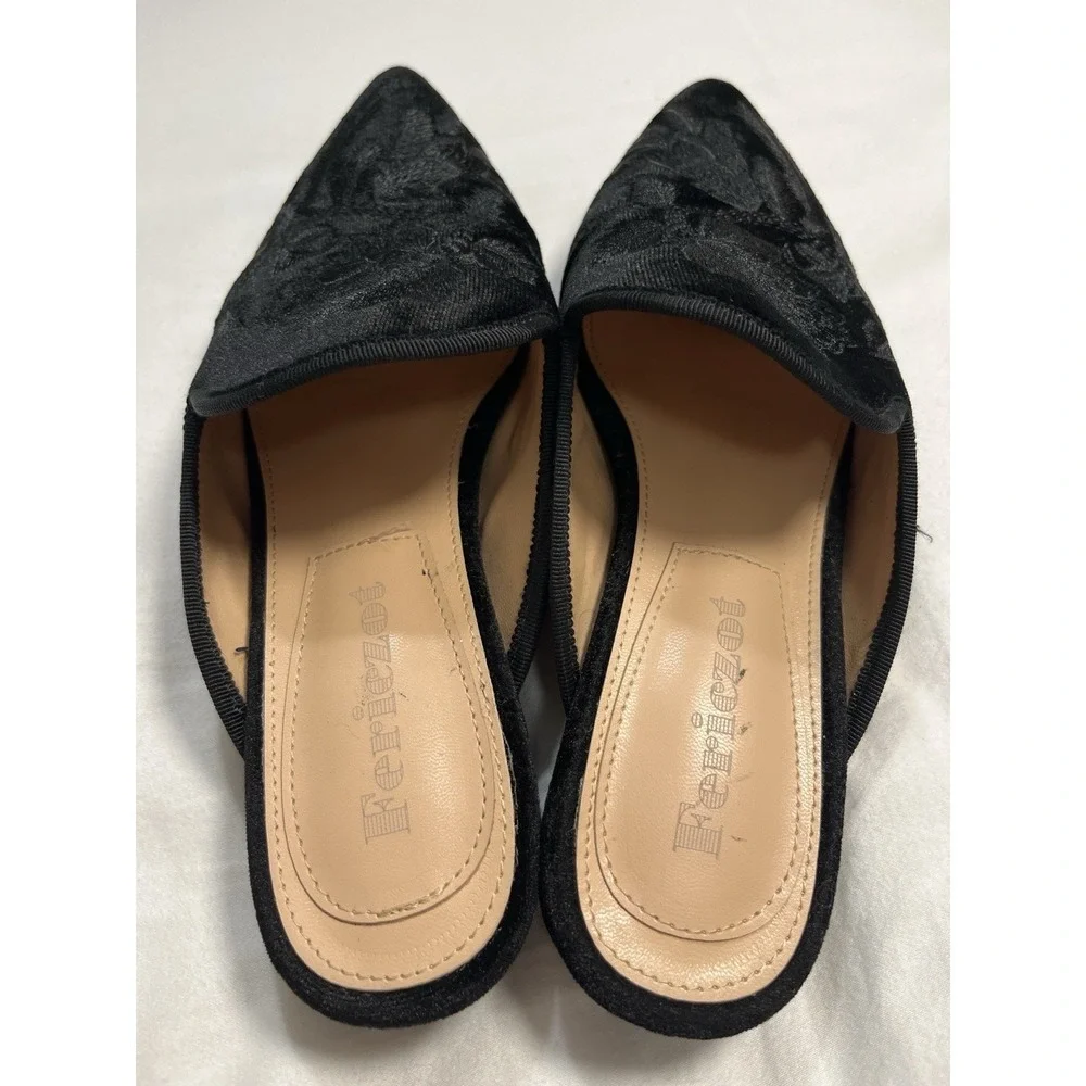 Fericzot Black Velvet Embroidered Mule Flats Pointed Toe‎ Slip On Floral Shoes 6